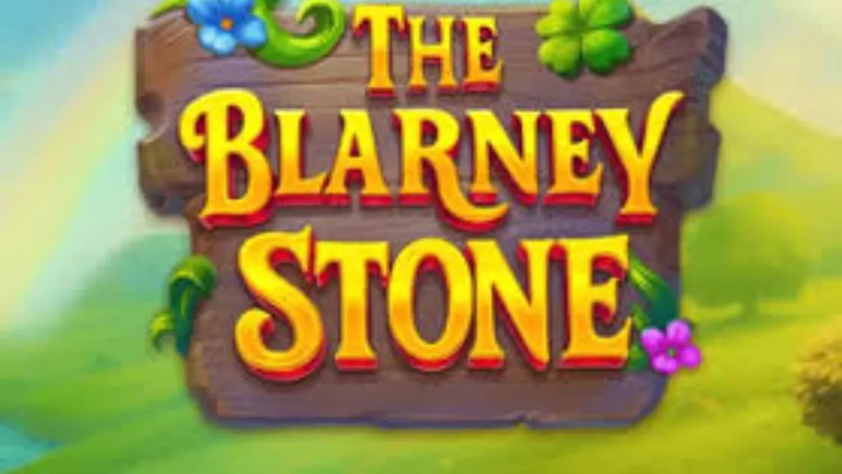 Tampilan visual slot The Blarney Stone dengan tema leprechaun dan pedesaan Irlandia